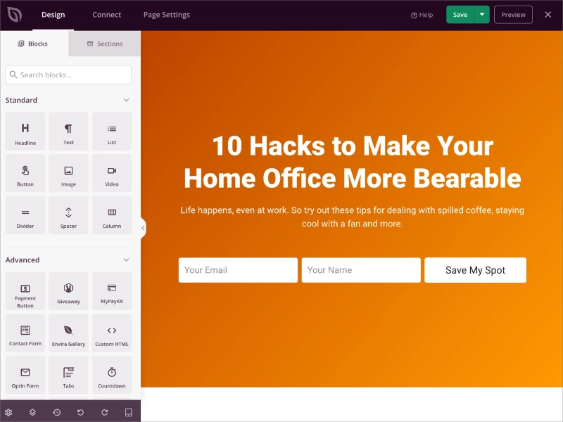 SeedProd visual editor with blocks for building a press page