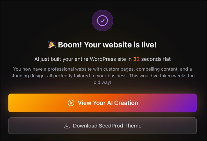 SeedProd AI confirmation screen with button to view your AI-generated website